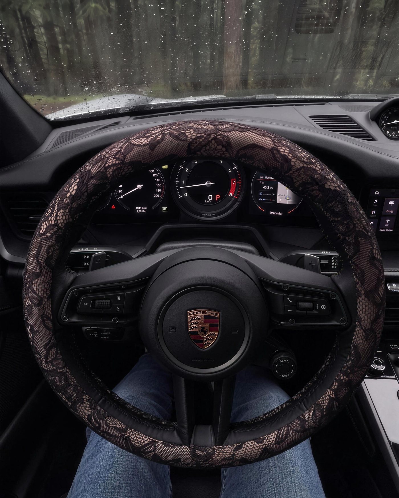 The lace wheel cover from the driver's seat, parked in the forest