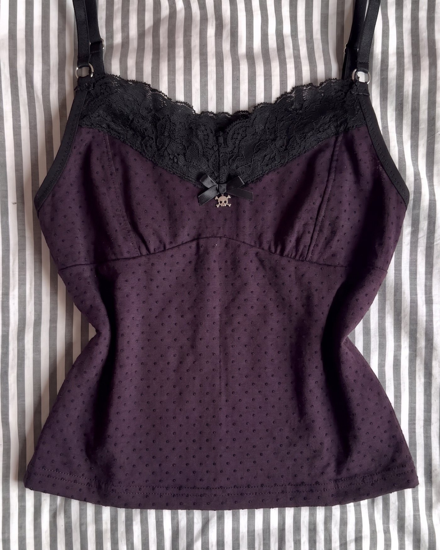 The cami: aubergine swiss dot mesh with black scalloped lace