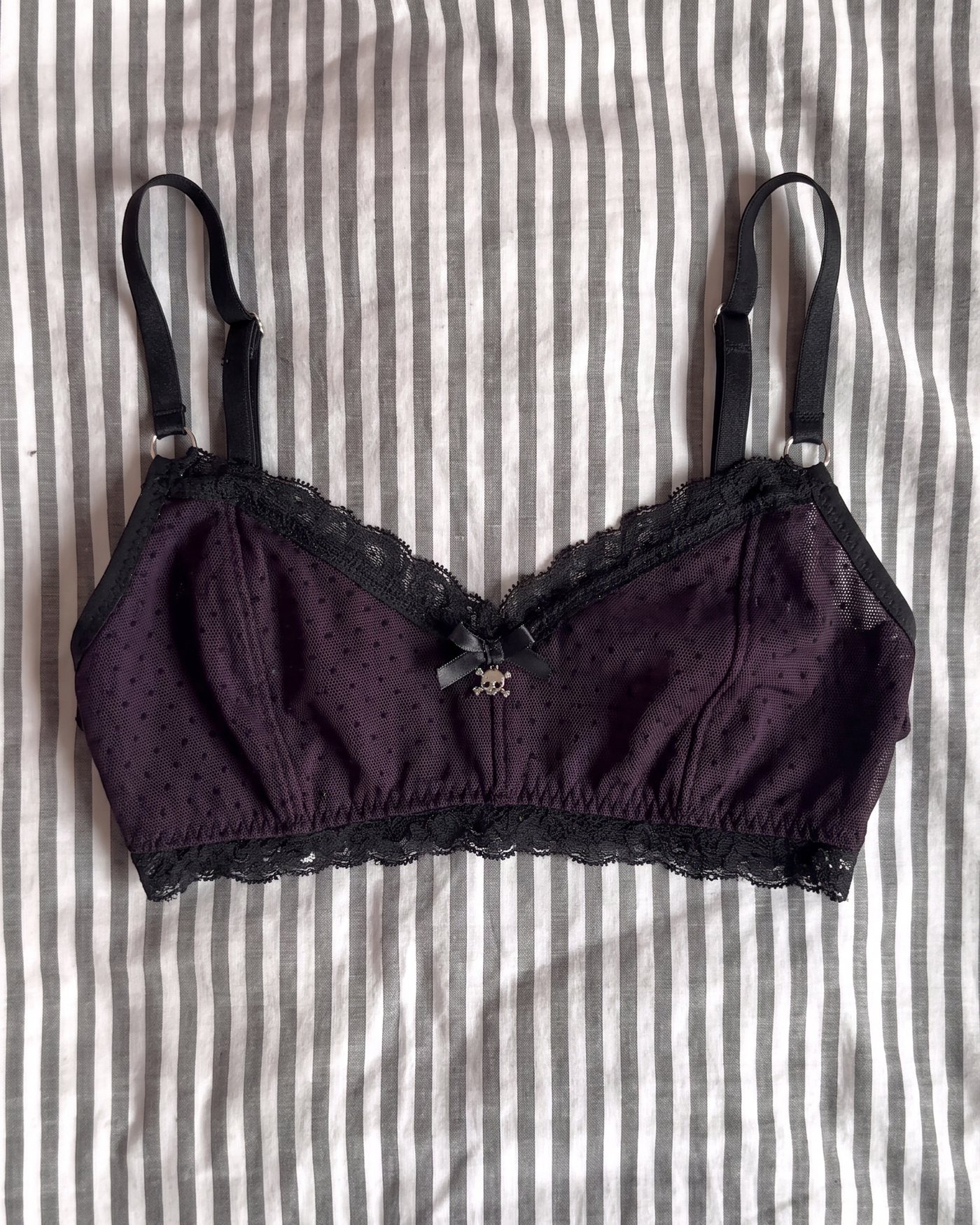 The bralette: soft triangle, no wire, black lace band